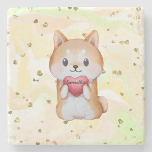 Shiba Inu Holding A Heart Stenen Onderzetter