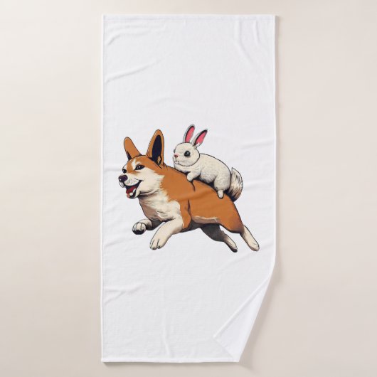 Shiba Inu Hond en Konijn - Speels samen ontwerp Badhanddoek (Badhanddoek)