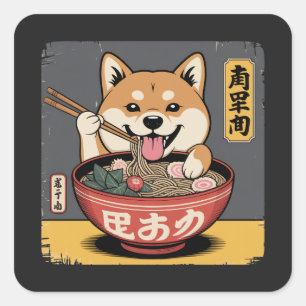 Shiba Inu Hond Eten Ramen Vierkante Sticker