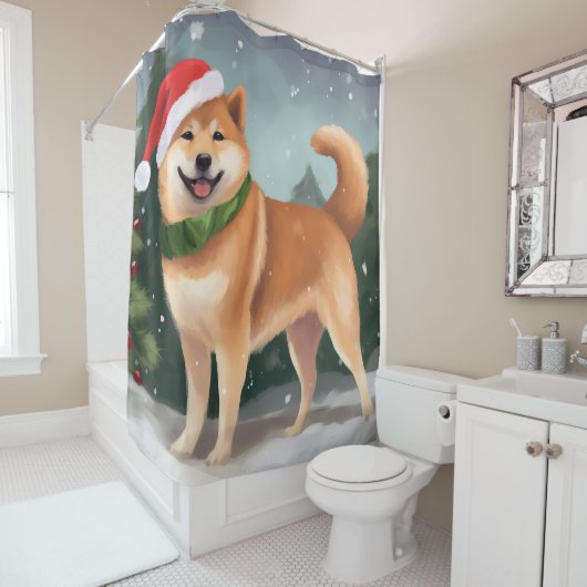 Shiba Inu Hond in Sneeuw Kerstmis Douchegordijn (In situ)