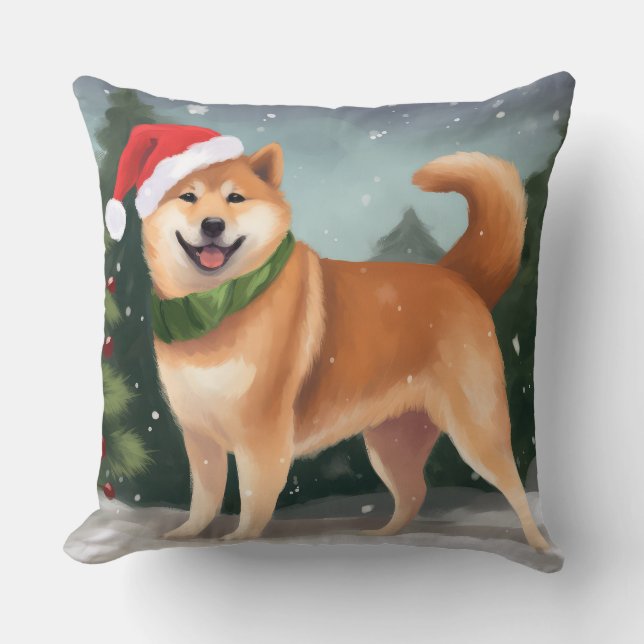 Shiba Inu Hond in Sneeuw Kerstmis Kussen (Voorkant)