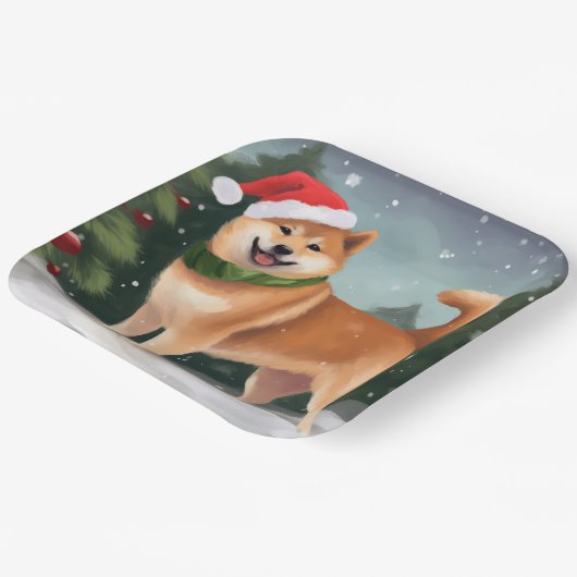Shiba Inu Hond in Sneeuw Kerstmis Papieren Bordje (Gebogen)