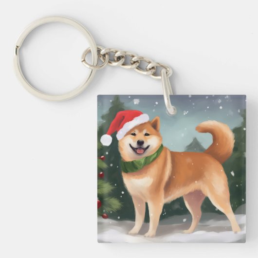 Shiba Inu Hond in Sneeuw Kerstmis Sleutelhanger (Voorkant)