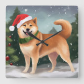 Shiba Inu Hond in Sneeuw Kerstmis Vierkante Klok (Voorkant)