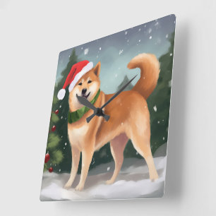 Shiba Inu Hond in Sneeuw Kerstmis Vierkante Klok