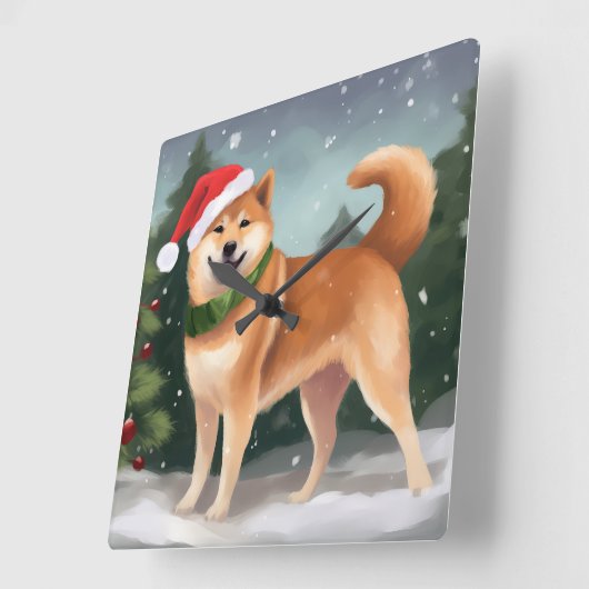 Shiba Inu Hond in Sneeuw Kerstmis Vierkante Klok (Hoek)