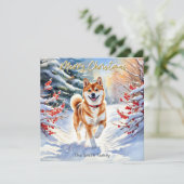 Shiba Inu hond in sneeuw Vrolijk kerstfeest Feestdagenkaart (Staand voorkant)