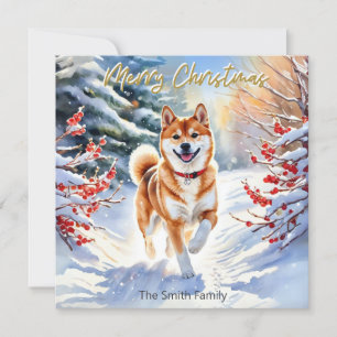 Shiba Inu hond in sneeuw Vrolijk kerstfeest Feestdagenkaart
