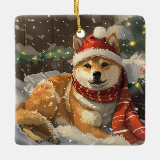 Shiba Inu Hond Kerstfeest Keramisch Ornament (Voorkant)