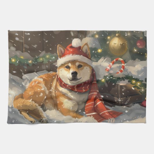 Shiba Inu Hond Kerstfeest Theedoek (Horizontaal)