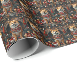 Shiba Inu-hond met kerstcadeaus bij de open haard Cadeaupapier