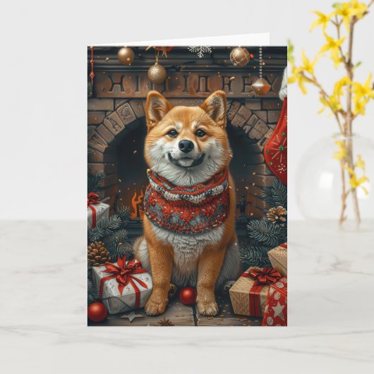 Shiba Inu hond met kerstcadeaus open haard Kaart (Gele Bloem)