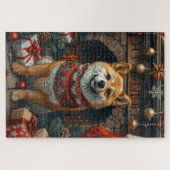 Shiba Inu hond met kerstcadeaus open haard Legpuzzel (Horizontaal)
