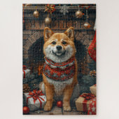 Shiba Inu hond met kerstcadeaus open haard Legpuzzel (Verticaal)