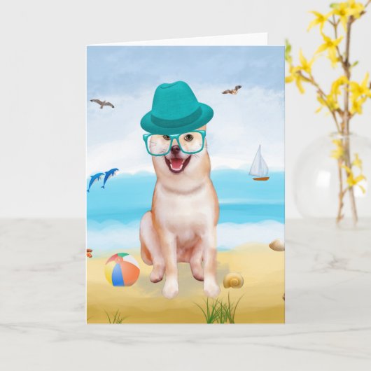Shiba Inu Hond op het strand Kaart (Gele Bloem)
