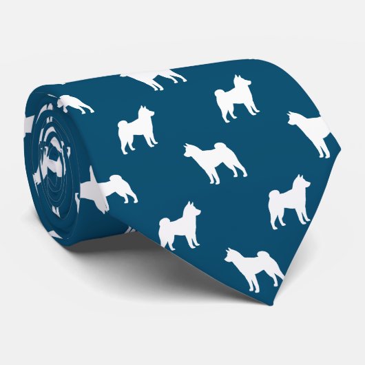 Shiba Inu Hond Silhouetten Patroon Blauw en Wit Stropdas (Opgerold)