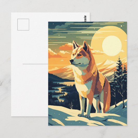 Shiba Inu in de besneeuwde bergen tijdens zonsonde Briefkaart (Voorkant / Achterkant)