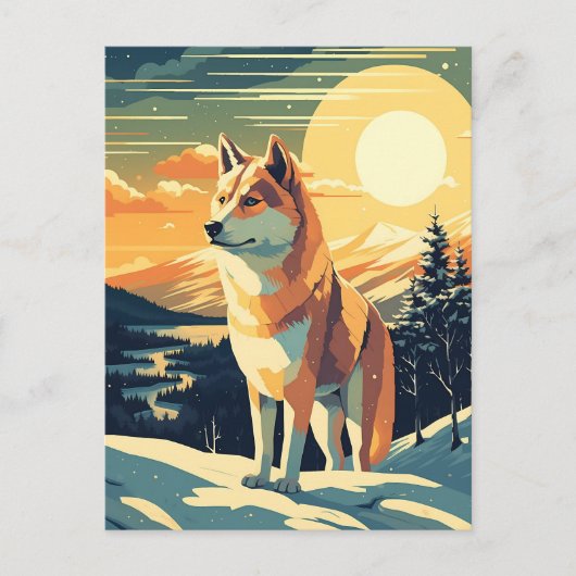 Shiba Inu in de besneeuwde bergen tijdens zonsonde Briefkaart (Voorkant)