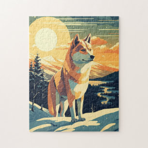 Shiba Inu in de besneeuwde bergen tijdens zonsonde Legpuzzel