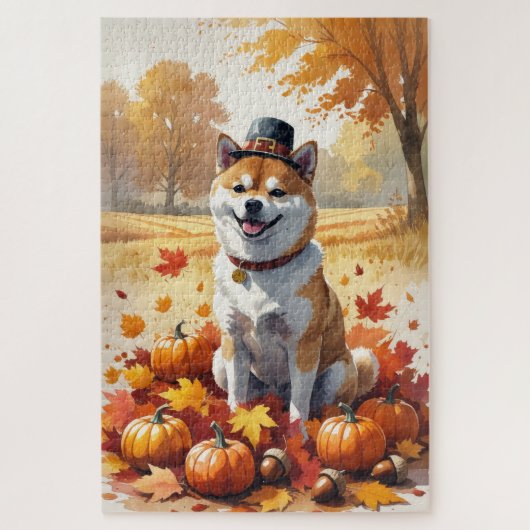 Shiba Inu in herfstbladeren dankdag kunst Legpuzzel (Verticaal)