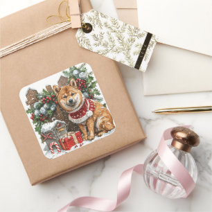 Shiba Inu in trui bij besneeuwde brievenbus Vierkante Sticker