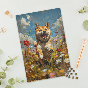 Shiba Inu in Wilde Bloemenveld Legpuzzel