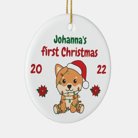 Shiba Inu kerstbaby's eerste kerstkerstmis Keramisch Ornament (Rechts)