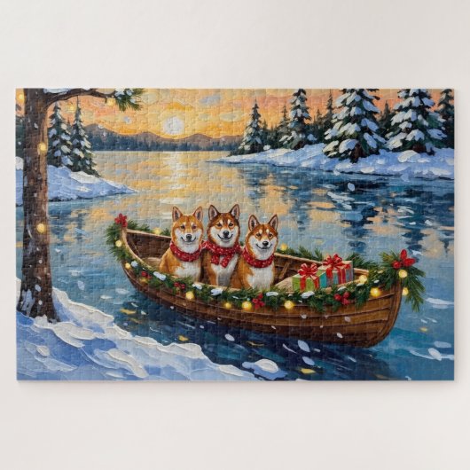 Shiba Inu Kerstboot Vakantie Legpuzzel (Horizontaal)