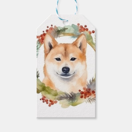 Shiba Inu Kerstkrans feestelijke pup Cadeaulabel (Voorkant)