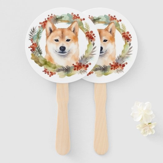 Shiba Inu Kerstkrans feestelijke pup Handwaaier (Voorkant en achterkant)