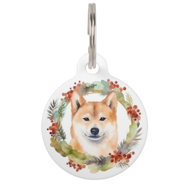 Shiba Inu Kerstkrans feestelijke pup Huisdierpenning (Voorkant)