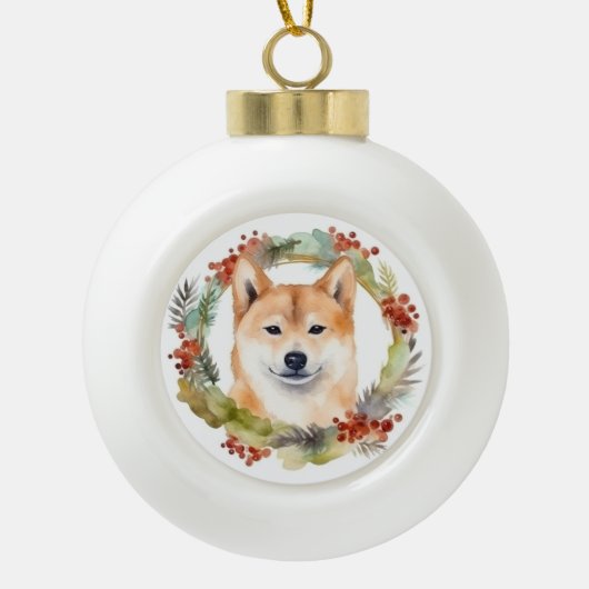 Shiba Inu Kerstkrans feestelijke pup Keramische Bal Ornament (Voorkant)
