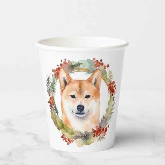 Shiba Inu Kerstkrans feestelijke pup Papieren Bekers (Voorkant)