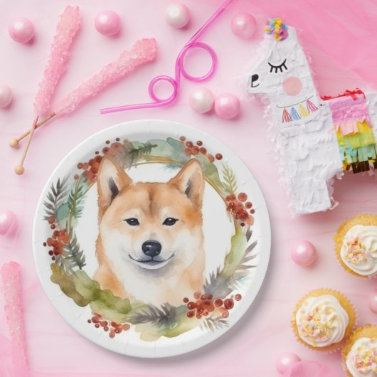 Shiba Inu Kerstkrans feestelijke pup Papieren Bordje (Feest)