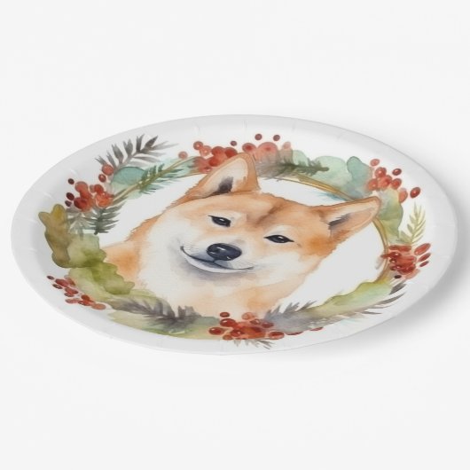 Shiba Inu Kerstkrans feestelijke pup Papieren Bordje (Gekanteld)