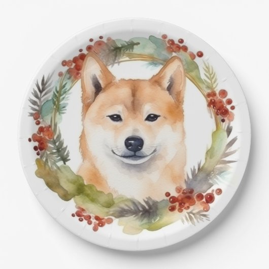 Shiba Inu Kerstkrans feestelijke pup Papieren Bordje (Voorkant)