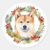 Shiba Inu Kerstkrans feestelijke pup Ronde Sticker (Voorkant)
