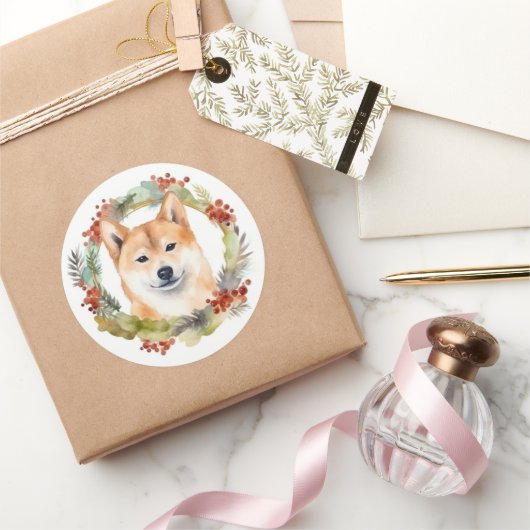 Shiba Inu Kerstkrans feestelijke pup Ronde Sticker (Geschenken)