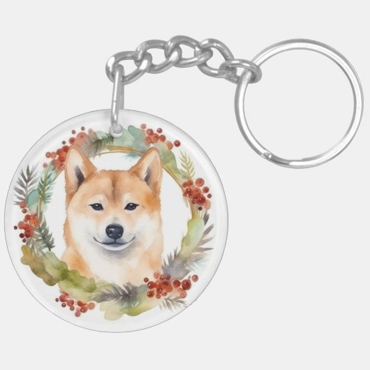 Shiba Inu Kerstkrans feestelijke pup Sleutelhanger (Achterkant Links)