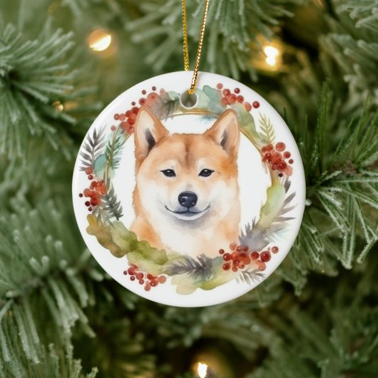 Shiba Inu Kerstkrans Festieve Pup Keramisch Ornament (Boom)