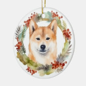 Shiba Inu Kerstkrans Festieve Pup Keramisch Ornament (Links)