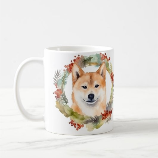 Shiba Inu Kerstkrans Festieve Pup Koffiemok (Links)