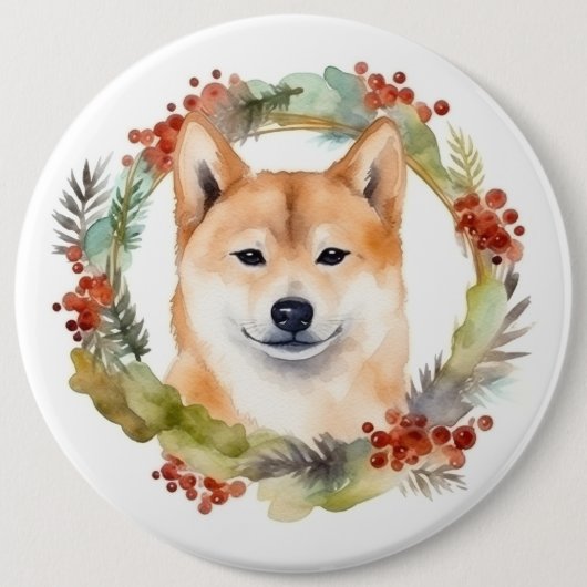 Shiba Inu Kerstkrans Festieve Pup Ronde Button 6,0 Cm (Voorkant)