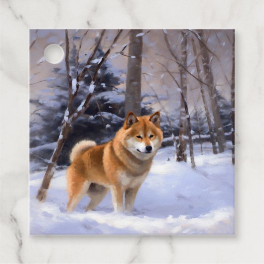 Shiba Inu Laat Het Sneeuw Kerstmis Bedankjes Labels (Voorkant)