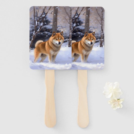 Shiba Inu Laat Het Sneeuw Kerstmis Handwaaier (Voorkant en achterkant)