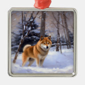 Shiba Inu Laat Het Sneeuw Kerstmis Metalen Ornament (Voorkant)