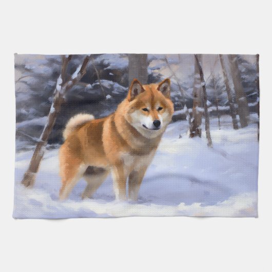 Shiba Inu Laat Het Sneeuw Kerstmis Theedoek (Horizontaal)