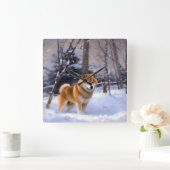 Shiba Inu Laat Het Sneeuw Kerstmis Vierkante Klok (Huis)