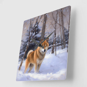 Shiba Inu Laat Het Sneeuw Kerstmis Vierkante Klok