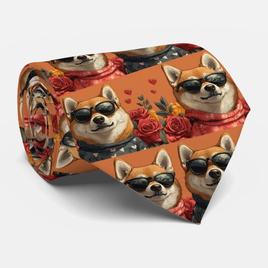 Shiba Inu met Hartrozen Valentijnsdag Stropdas (Opgerold)